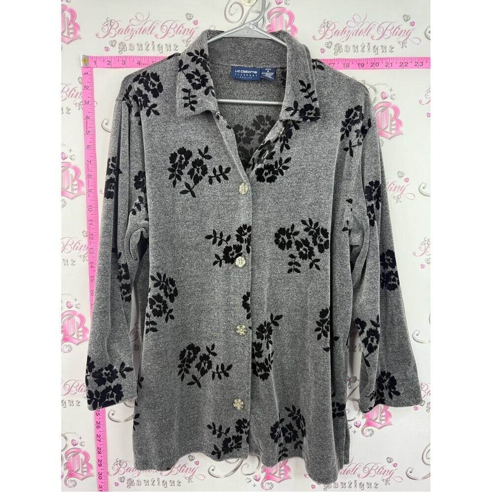 Liz Claiborne Gray Top with Black Floral Velvet Burnout